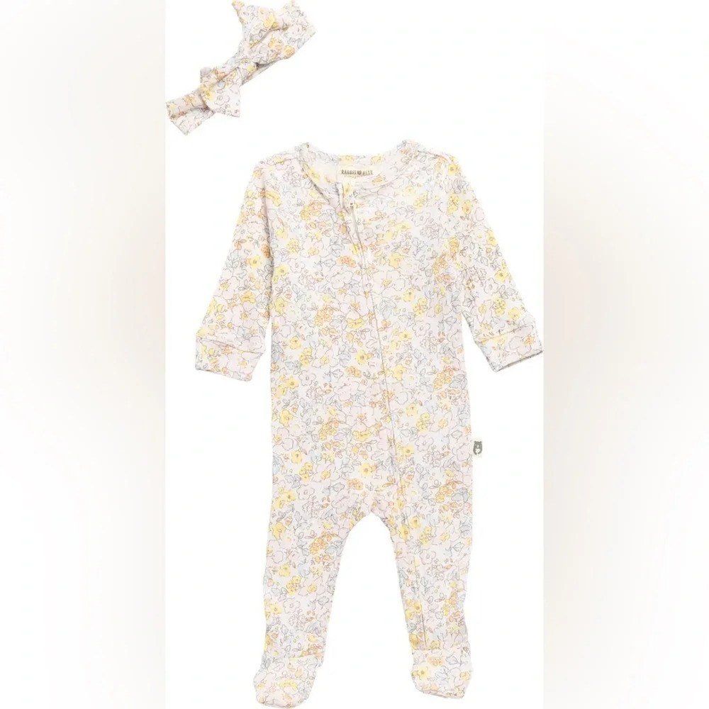 RABBIT AND BEAR ORGANIC Kids' Footie & Headband Set, Liberty, 0-3M, NWT